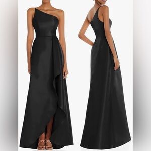 NEW Alfred Sung One-Shoulder high low black Satin Gown Sz 6